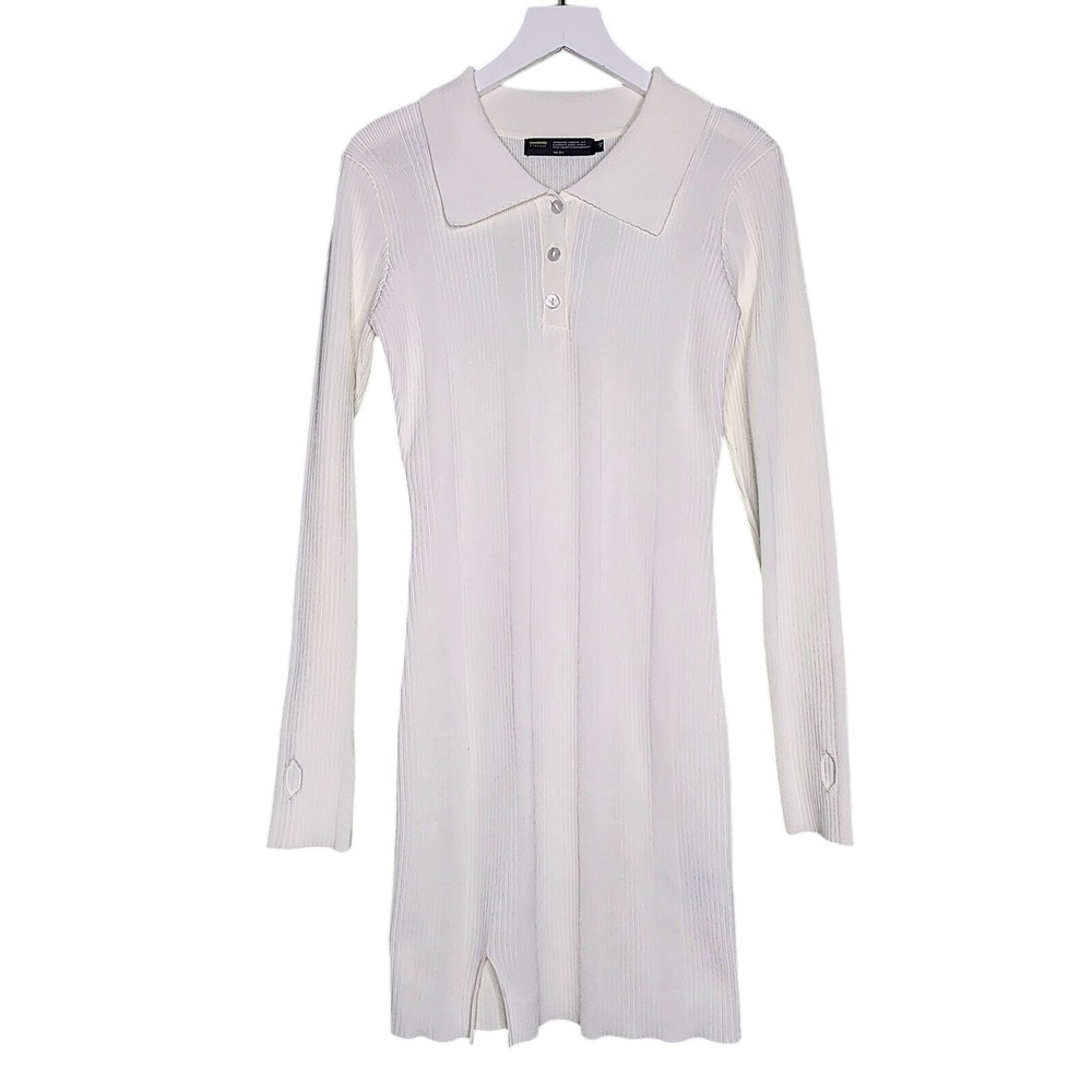 Finesse Studios Ribbed Knit Mini Dress M/L Ivory Long Sleeve Thigh Slit‎ Y2K